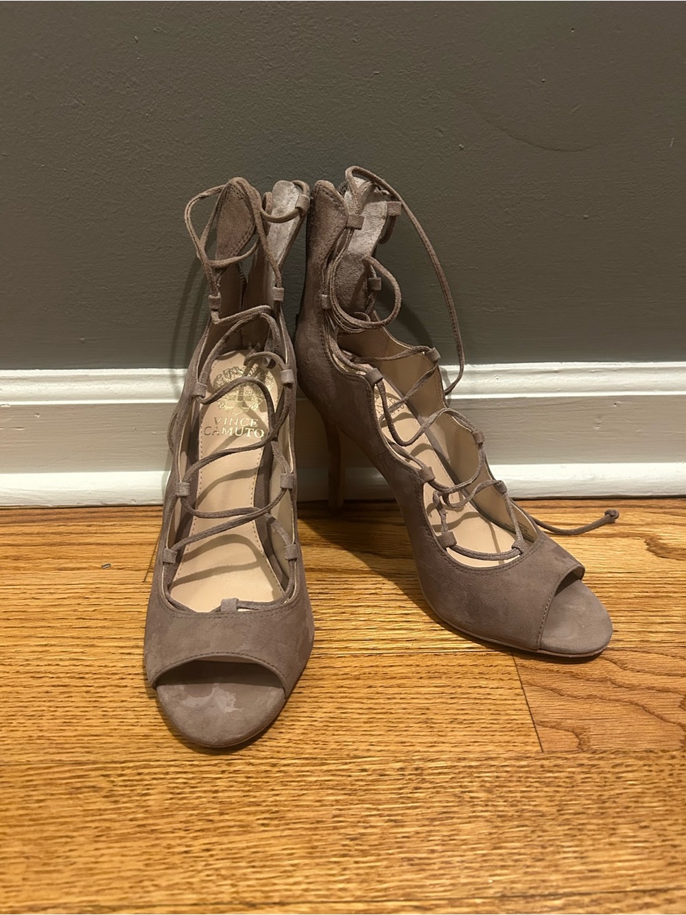 Vince Camuto, Taupe suede lace-up peep-toe heels